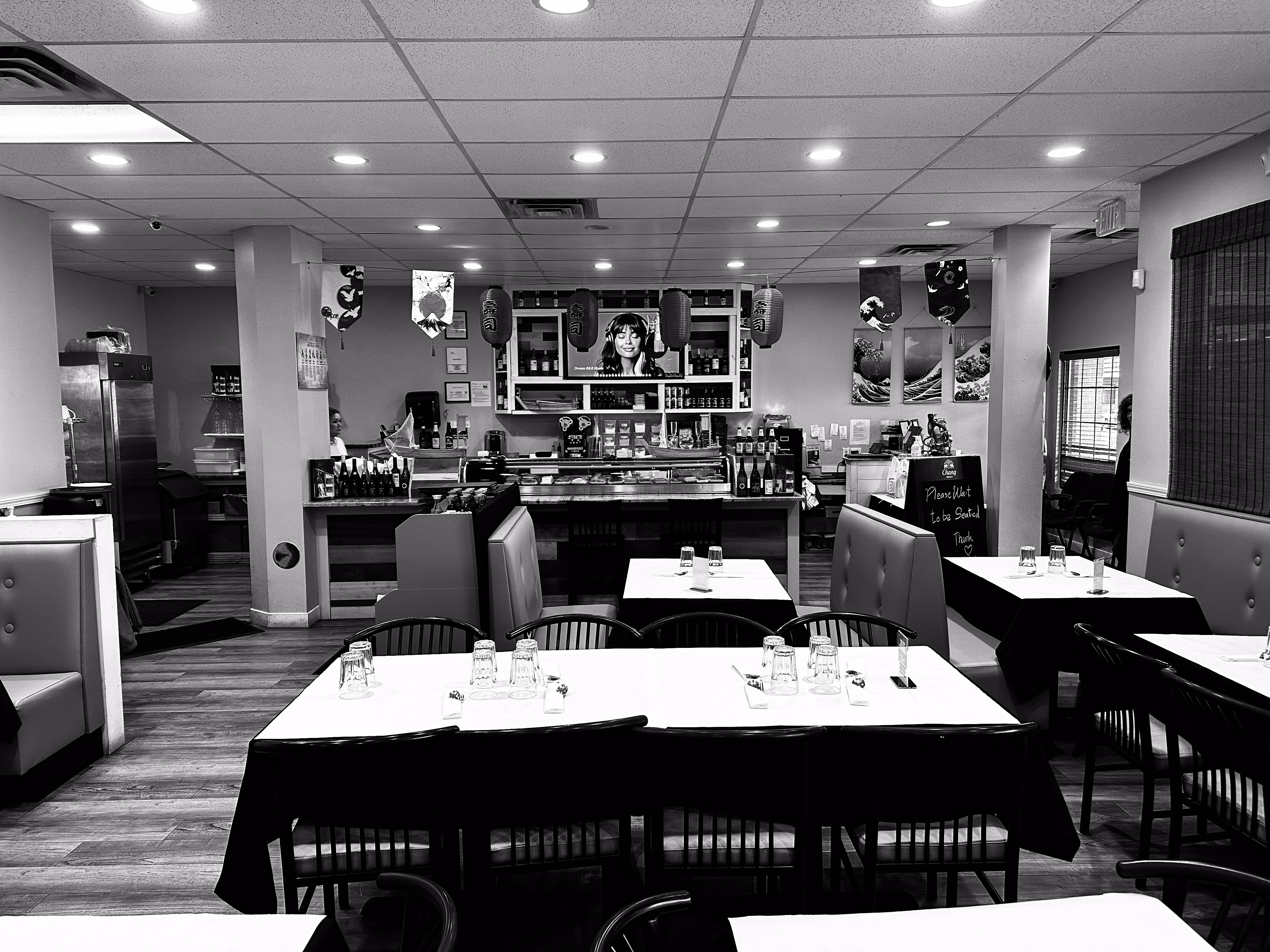 Restaurant interior in black and white